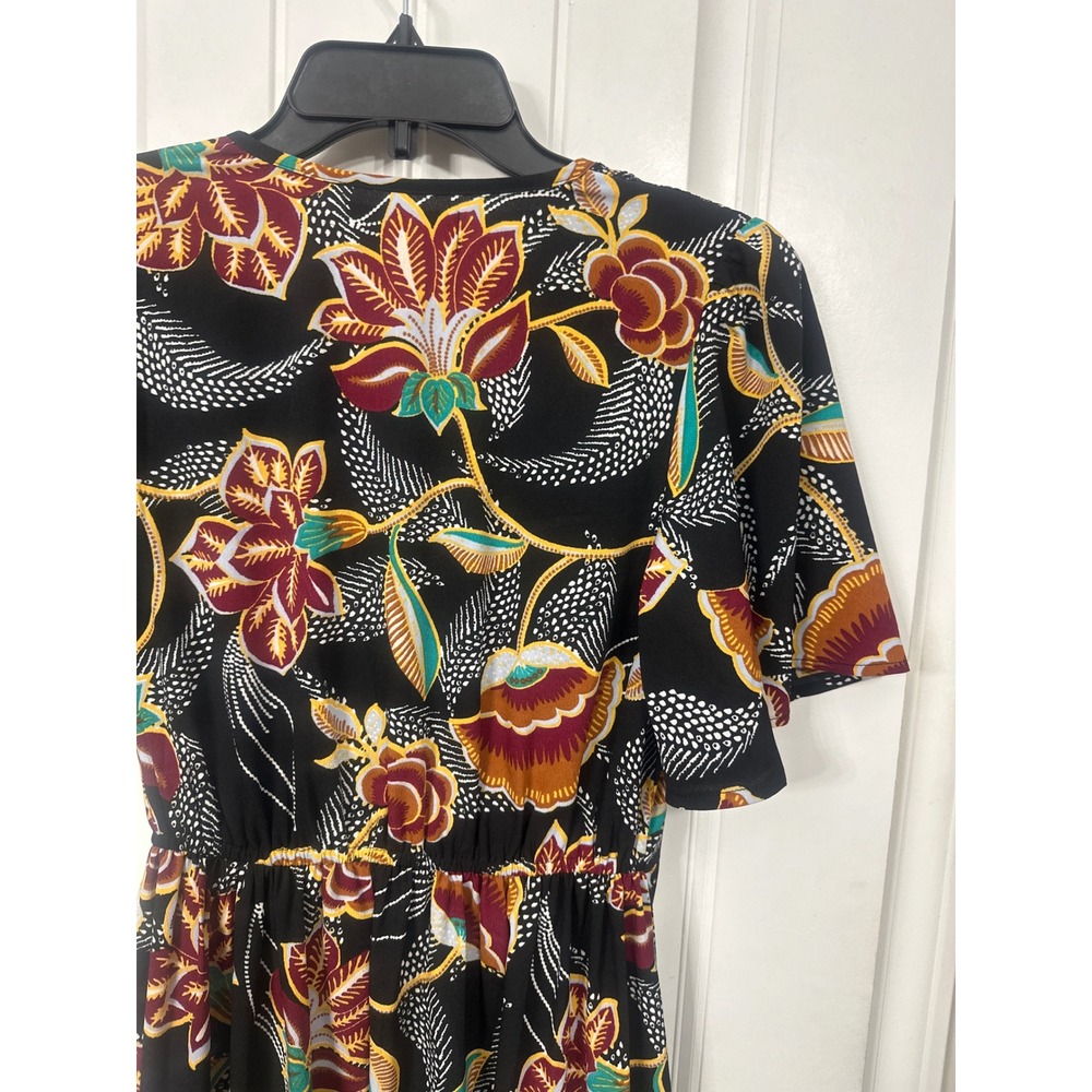 Band of the Free Floral Wrap Maxi Dress Black Short Flutter Sleeve Ruffle Hem S - Picture 7 of 8